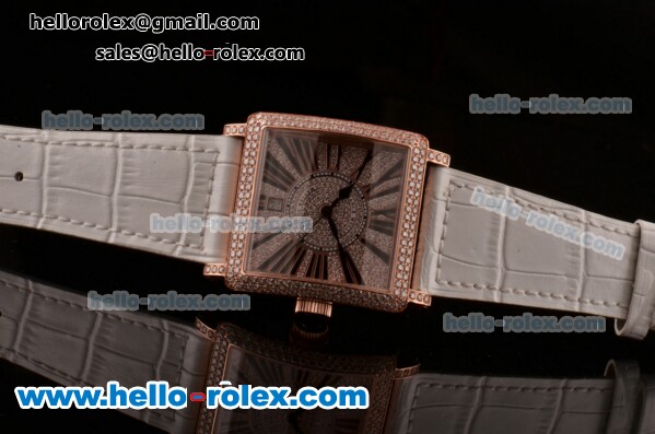 Franck Muller Master Square Swiss ETA 2824 Automatic Rose Gold Case Diamond Bezel with White Leather Strap and Diamond Dial - Click Image to Close